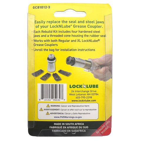 Front view of LockNLube Coupler Rebuild Kit 3-Pack in yellow packaging showing steel jaws and threaded cone