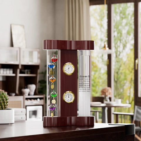 4 In 1 Indoor Weather Station With Glass Galileo Thermometer Fitzroy Storm Glass Precision Quartz Clock and Hygrometer on table
