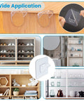 12 Pack Clear Adhesive Shelf Brackets No Drill Support Pegs Stick And Go Wall Mount Invisible Holders on shelves displaying diverse items.
