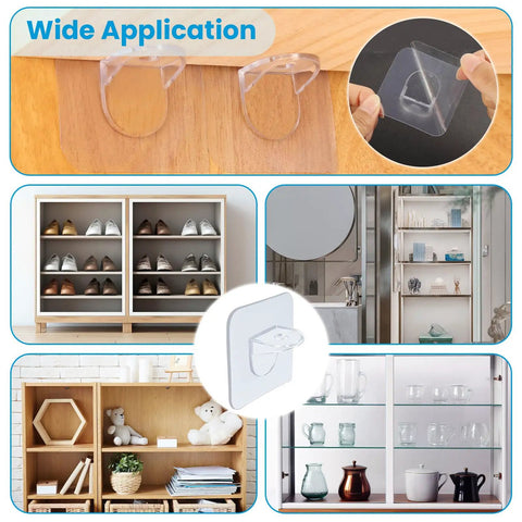 12 Pack Clear Adhesive Shelf Brackets No Drill Support Pegs Stick And Go Wall Mount Invisible Holders on shelves displaying diverse items.