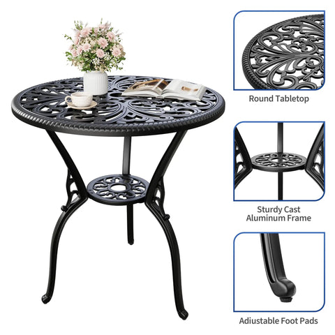 Cast Aluminum Outdoor Side Table With Umbrella Hole For Patio Garden Porch And Balcony Anti Rust Round End Table Small Coffee Table Indoor Or Outdoor Use Retro Black Finish showing detailed design and adjustable foot pads.