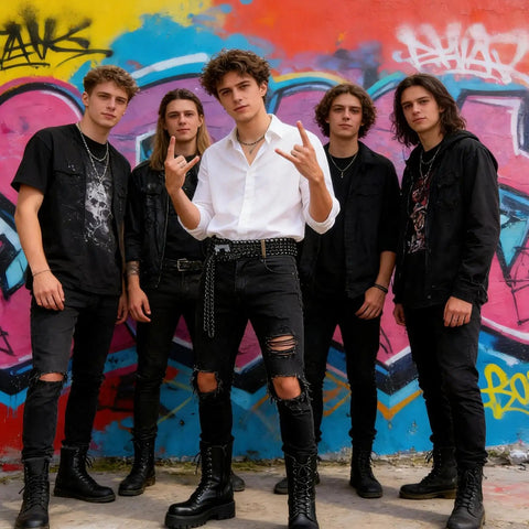 Premium Industrial Steel Punk Metal Belt In Matte Black With Easy Hook And Loop Sizing For Badass Gothic Streetwear Fits and Rugged Everyday Flex Style worn by group in urban setting.