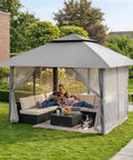 13x13 Pop Up Gazebo Canopy Tent For Backyard And Patio With Easy One Push Centerlok Setup, gray with mesh sides, outdoor use
