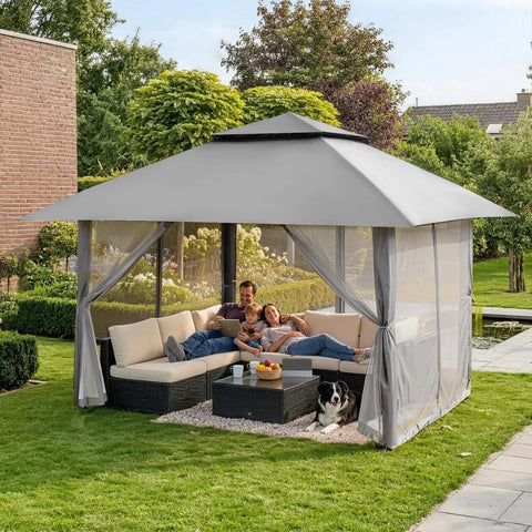 13x13 Pop Up Gazebo Canopy Tent For Backyard And Patio With Easy One Push Centerlok Setup, gray with mesh sides, outdoor use