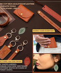 Dope Leather Working Kit With Pro Grade Tools And Dyes For DIY Beginners with crafted earrings, wallets, keychains, and wristbands.