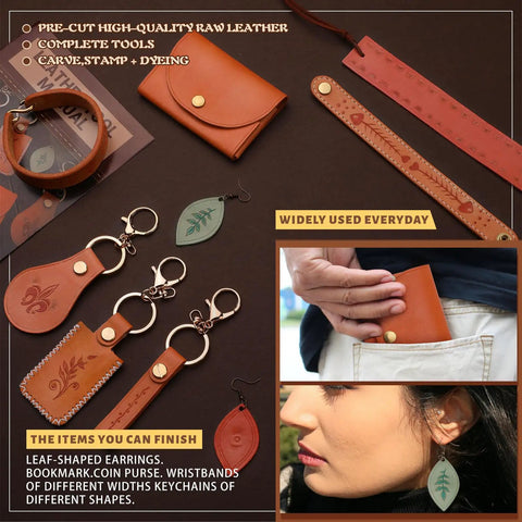 Dope Leather Working Kit With Pro Grade Tools And Dyes For DIY Beginners with crafted earrings, wallets, keychains, and wristbands.