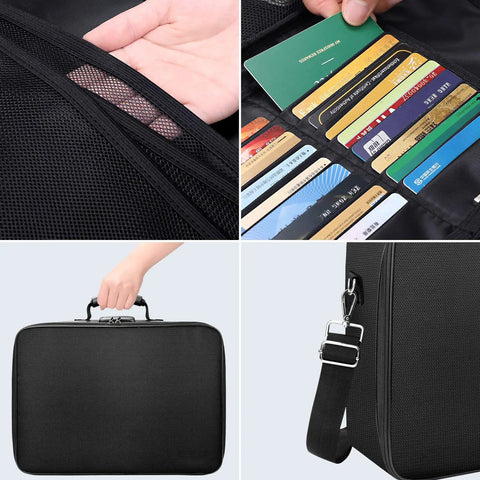 Fireproof Document Case With Lock Mega Size File Organizer Bag showing card slots, mesh pocket, handle, and strap details
