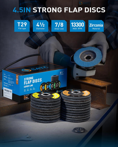 Front view of S SATC 20pc 4.5in flap discs box with stacked discs for angle grinder
