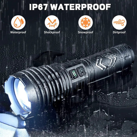 Ultra Bright 155,000 Lumen Rechargeable Flashlight With Zoomable Beam showing waterproof feature in rain