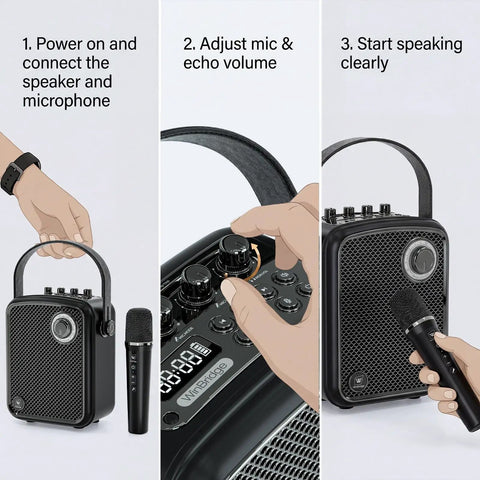 Steps using 70W Portable PA Voice Amplifier For Classrooms, Public Speaking, And Karaoke With Wireless UHF Handheld Mic, Bluetooth 5.3, USB TF AUX, Guitar Input, Rugged Metal Black S100
