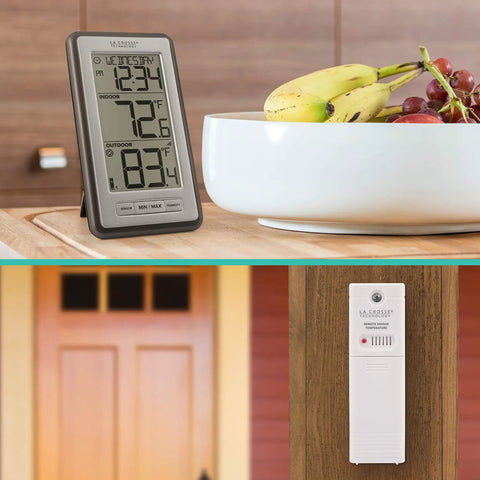 Indoor Outdoor Thermometer with Wireless Sensor, Humidity Monitor, and 24 Hour Display for Home, Office, or Patio on table