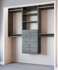 Top Shelf Grey Closet Organizer Kit Measuring 67.5 Inches Across with double hanging rods and four fabric drawers.