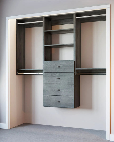Top Shelf Grey Closet Organizer Kit Measuring 67.5 Inches Across with double hanging rods and four fabric drawers.