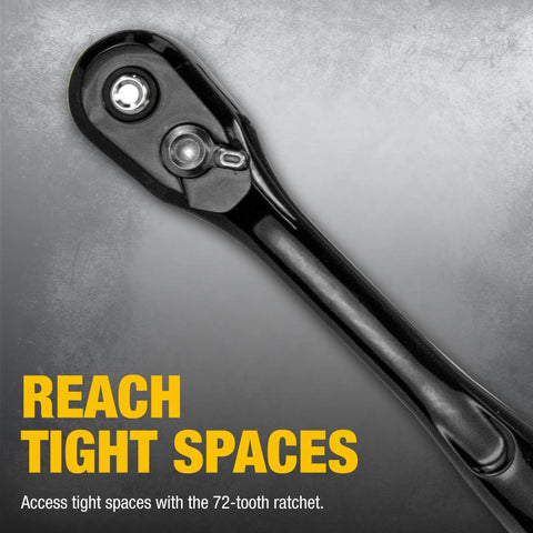 Impact Socket Set With Ratchet Pro Grade For Tough Jobs One Half Inch Drive Includes Metric And SAE Sizes Twenty Three Piece Kit Case Direct Torque Technology shown up close.