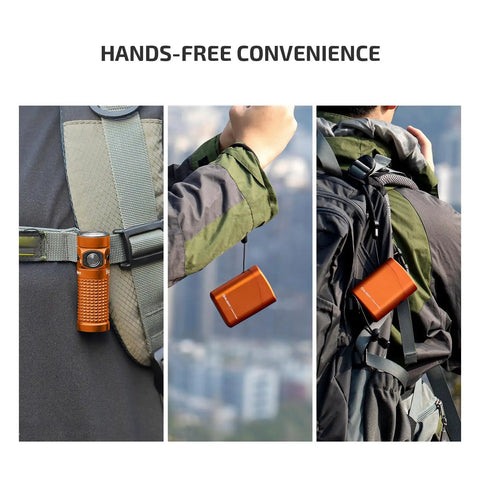 Hands-free use of Baton4 Rechargeable EDC Flashlight with 1300 Lumens, bright orange, clipped to backpack and held by person.