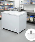 Smooth Operator Fridge Leveling Feet Polyurethane Round Foot Pads for freezer, showing white pad with steel insert in kitchen setting.