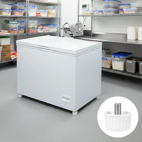 Smooth Operator Fridge Leveling Feet Polyurethane Round Foot Pads for freezer, showing white pad with steel insert in kitchen setting.
