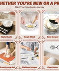 Image of All In One Sourdough Starter Kit with digital scale, dough whisk, bowl scraper, silicone mat, stainless scraper, and flour duster.