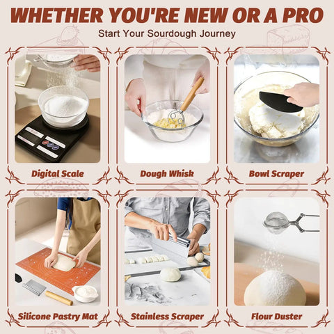 Image of All In One Sourdough Starter Kit with digital scale, dough whisk, bowl scraper, silicone mat, stainless scraper, and flour duster.
