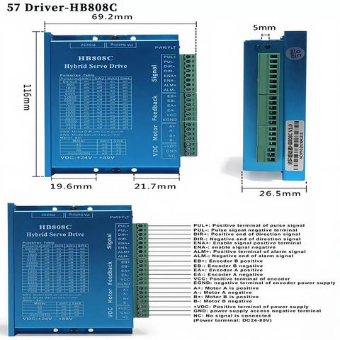 HB808C hybrid servo drive module in blue with screw-terminal block and signal/feedback labels
