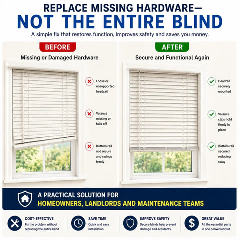 Comparison of window blinds before and after using All In One Blind Bracket Installation Kit With 23 Piece Replacement Hardware Set.