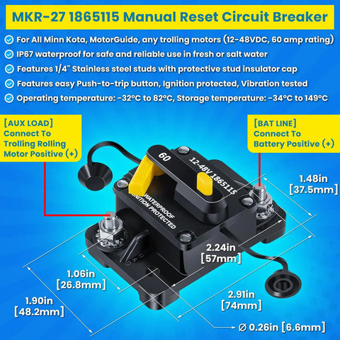 Beefed Up Heavy Duty Trolling Motor Plug And Receptacle With 60 Amp Circuit Breaker For Freshwater And Saltwater Marine Boats, 8 AWG Wire, Rated Up To 60A Up To 48V, Battery Accessory Mounting Kit For Trolling Motors displayed with specifications.