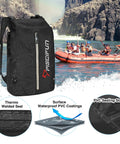 Floating Waterproof Dry Bag Backpack 20L With Waist Pouch And Phone Case Lightweight Outdoor Gear For Kayaking Camping Beach Boating And Swimming For Men And Women with black rugged design, shown by river with kayakers.