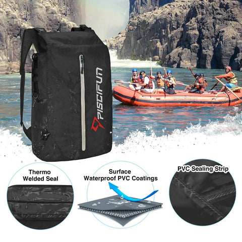 Floating Waterproof Dry Bag Backpack 20L With Waist Pouch And Phone Case Lightweight Outdoor Gear For Kayaking Camping Beach Boating And Swimming For Men And Women with black rugged design, shown by river with kayakers.