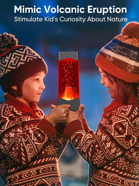 Two children with winter hats holding USB Powered Volcano Night Light For Kids And Adults, Relaxing Mood Lamp For Bedroom And Office Desk Decor