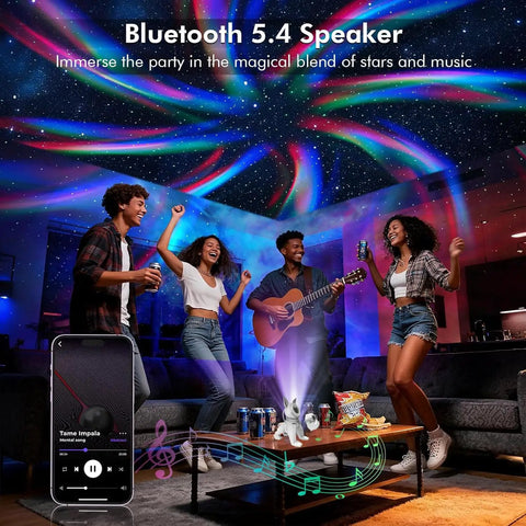 Group enjoying Galaxy Projector Night Light With Music Sync And White Noise 9 Sounds Timer casting colorful lights indoors.