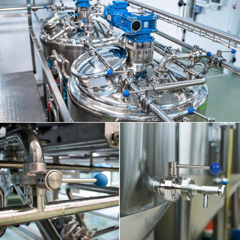 Two 1.5-inch sanitary stainless steel 304 butterfly valves with blue pull handles and tri-clamp fittings.