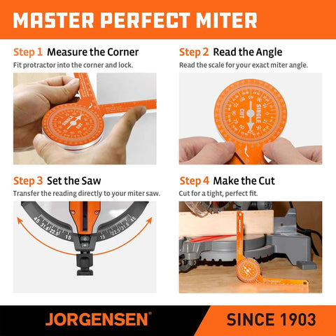 Front view of Jorgensen 7-inch orange aluminum miter saw protractor angle finder for precise cuts