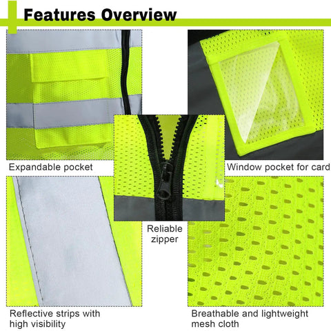 Features of Ten Pack Reflective Safety Vests with Pockets and Zipper including mesh fabric, expandable pocket, and reflective strips.