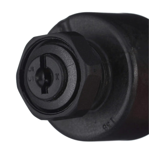 Close-up of ignition starter switch, black, features six terminals, fits outboard motors, includes push-to-choke.