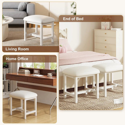 White Vanity Stool With Leather Cushioned Seat Small Vanity Chair For Makeup Desk And Ottomans in living room, home office, bedroom end of bed.