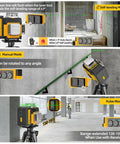 Pro Grade 4x360 Green Laser Level With Self Leveling And Pulse Outdoor Mode High Brightness 360 Degree Horizontal And Vertical Lines Rechargeable Battery Includes Carry Case Lift Base Glasses And Target Plate, shown on tripod in self-leveling, manual, and pulse modes