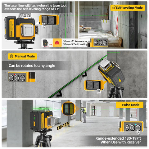 Pro Grade 4x360 Green Laser Level With Self Leveling And Pulse Outdoor Mode High Brightness 360 Degree Horizontal And Vertical Lines Rechargeable Battery Includes Carry Case Lift Base Glasses And Target Plate, shown on tripod in self-leveling, manual, and pulse modes