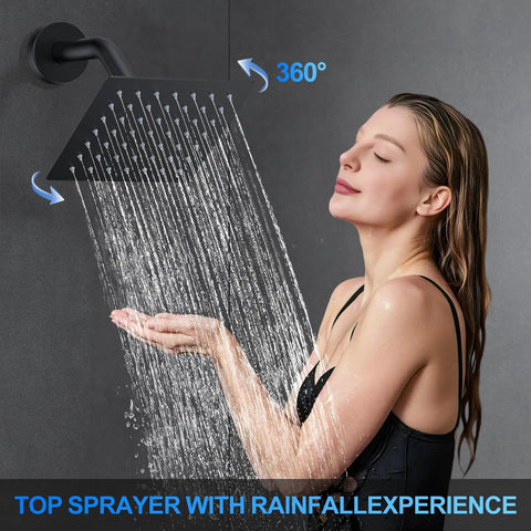 Top Shelf Ceiling Mount Rainfall Shower System With 12 Inch Matte Black Finish Side Spray Heads Self Cleaning Nozzles And Multi Function Handheld Sprayer For A Pro Level Bathroom Glow Up