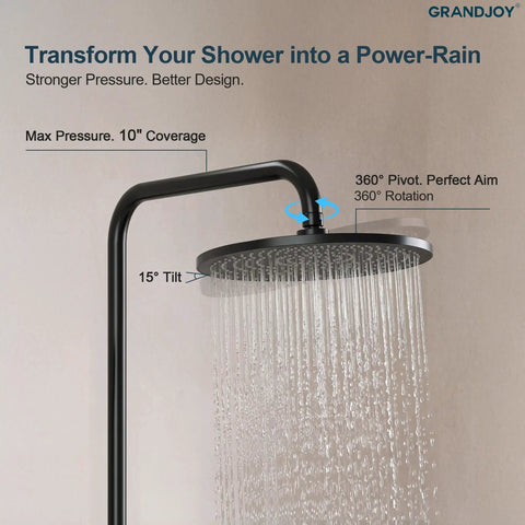 GRANDJOY Exposed Tub and Shower System with Handheld Spray, Matte Black 10" rainfall head with adjustable pivot and tilt features.