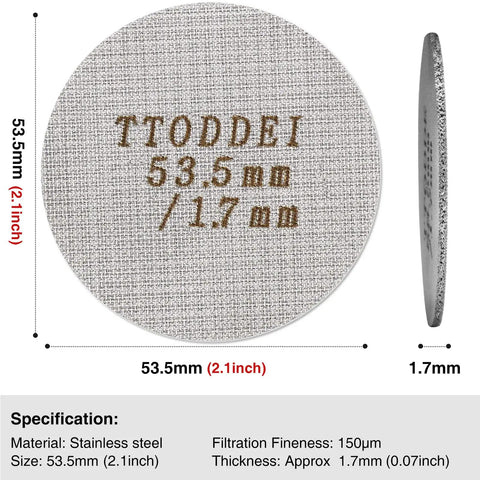 Espresso Puck Screen For Portafilter 53.5mm Fit Reusable Stainless Steel Filter 150 Micron Mesh side and front view with measurements.