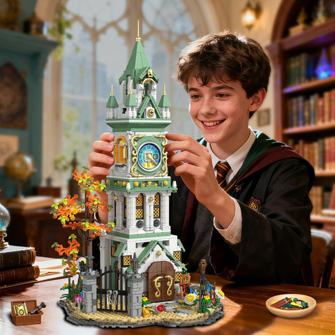 Epic Clock Tower Building Set With Light 1566 Pieces Mega Medieval Castle Kit displayed on a table with boy assembling