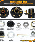 Two Sets 3500 Lb Trailer Hub Kit With 5 Lug 4.5 Inch Bolt Pattern Pre Greased For Easy Installation Fits 1-1/16 To 1-3/8 Inch Spindles 84 Tapered Axle Compatible showing dimensions and components.
