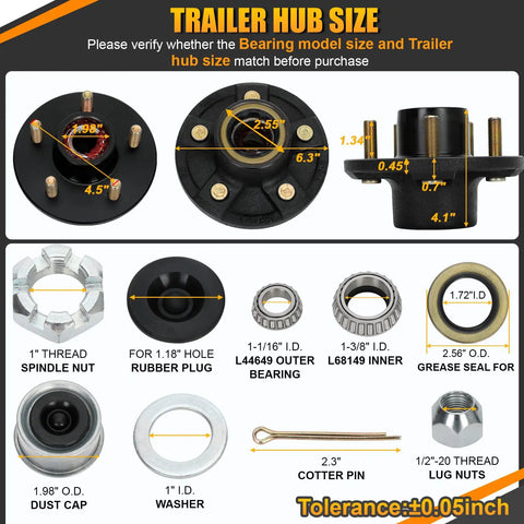 Two Sets 3500 Lb Trailer Hub Kit With 5 Lug 4.5 Inch Bolt Pattern Pre Greased For Easy Installation Fits 1-1/16 To 1-3/8 Inch Spindles 84 Tapered Axle Compatible showing dimensions and components.