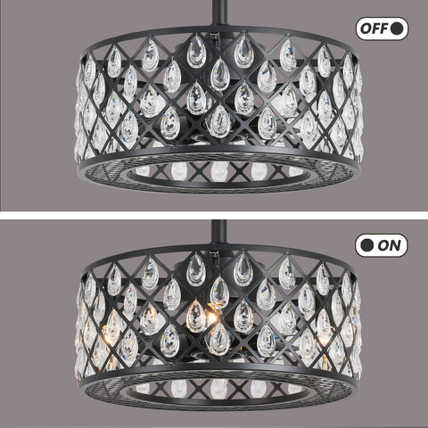 Bladeless Ceiling Fan With Crystal Cage Lights, Industrial Flush Mount Fandelier For Bedroom Closet Or Garage, 17.7 Inch