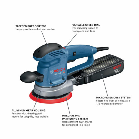 GEX33-6N 6 Inch Multi-Hole Random Orbit Sander And Polisher With Flexible Pad And Rotating Orbital Action, blue and black