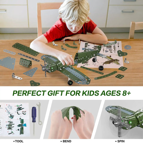 Child assembling Metal Aircraft Building Kit For Kids 8 To 12 258 Piece STEM Construction Set With Nuts Bolts Screwdriver Wrench