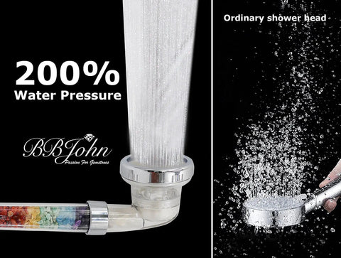 Healing Crystals Shower Head With 7 Natural Gemstones for Water Purification and pH Balance in use showing water pressure