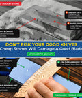 Comparison showing a broken cheap stone with Complete Whetstone Knife Sharpening System With 1000 6000 Grit Wet Stone Sharpener Kit