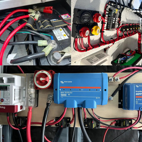 One Zero AWG Battery Cable For Marine, Automotive, Solar And Welding Use, Heavy Duty Copper Wire, Tin Coated For Saltwater Corrosion Resistance, 600V Rated, Pure Copper Marine Grade Wire For Generator And Power Systems. Red battery cables in marine electrical panel