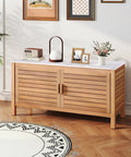 Outdoor Patio Storage Cabinet With Faux Marble Top Two Door Acacia Wood Console Sideboard in indoor decor setting